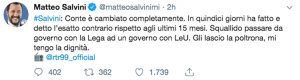 Il Tweet di Matteo Salvini su Giuseppe Conte