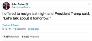 Il Tweet di John Bolton