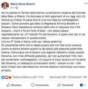 Il post di Maria Elena Boschi sulla polemica della nomina dei sottosegretari
