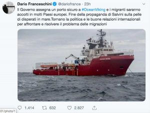 Il Tweet di Dario Franceschini sulla Ocean viking