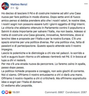 Il post di Matteo Renzi che annuncia la scissione dal Pd