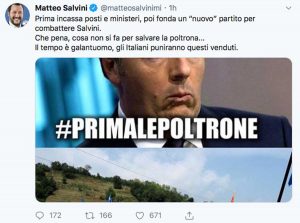 Il Tweet di Matteo Salvini che commenta la decisione di Renzi di lasciare il Pd