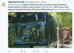 Il Tweet dei vigili del fuoco sull'incidente a Caprara d’Abruzzo 