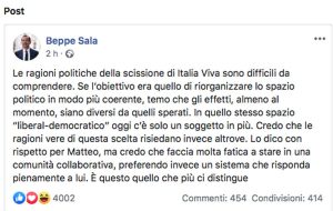 Il post di Giuseppe Sala su Facebook in cui commenta la scissione del Pd