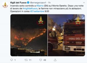Sarno - Il Tweet dei vigili del fuoco sull'incendio sul monte Saretto