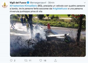 Orio al Serio - Il Tweet dei vigili del fuoco sull'incidente dell'ultraleggero