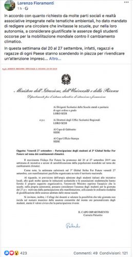 Il post del ministro dell'Istruzione Lorenzo Fioramonti in merito alla circolare sulla manifestazione del 27 settembre