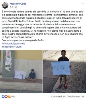 Stornarella - Il post del sindaco Massimo Colia sulla manifestazione di un bambino per lo sciopero mondiale sul clima
