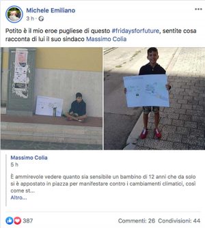 Stornarella - Il post di Michele Emiliano sulla manifestazione di un bambino per lo sciopero mondiale sul clima