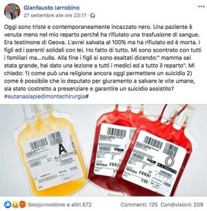 Caserta - Il post del medico che non ha potuto salvare la paziente testimone di Geova che ha rifiutato una trasfusione
