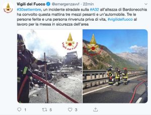 Torino - Il post dei vigili del fuoco sull'Incidente tra tir sull'autostrada Torino-Bardonecchia