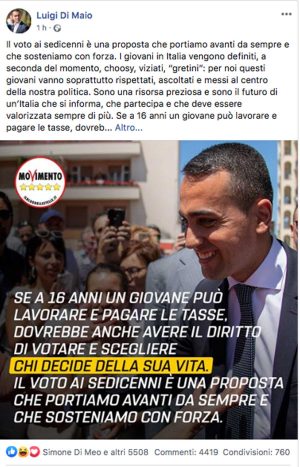 Il post di Luigi Di Maio sul voto ai ragazzi di 16 anni