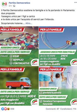 Il post sulla pagina Facebook del Pd in merito a un assegno unico per i figli a carico 