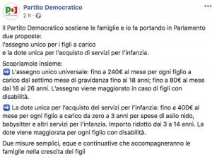 Il post sulla pagina Facebook del Pd in merito a un assegno unico per i figli a carico 