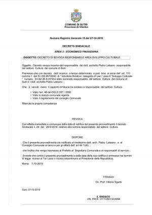 Sutri - Il decreto in cui si revoca dall’incarico di responsabile Area sviluppo culturale l’architetto Pietro Paolo Lateano