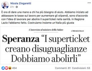 Il post di Nicola Zingaretti sull'abolizione del superticket