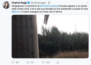 Il post di Virginia Raggi fantoccio che raffigura Greta Thunberg