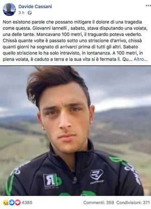 Il post di Davide Cassani in ricordo di Giovanni Iannelli