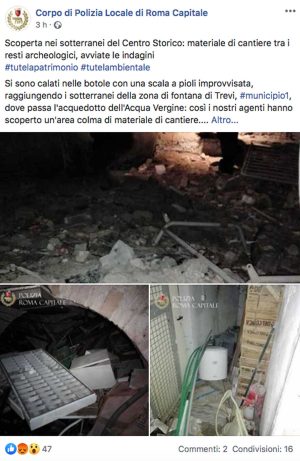 Roma - Il post di polizia Roma capitale sui rifiuti nei sotterranei di Fontana di Trevi