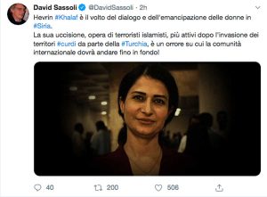 Il Tweet di David Sassoli sulla morte di Hevrin Khalaf