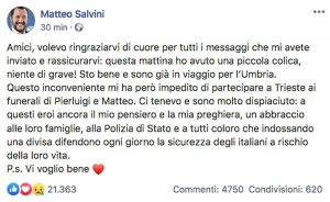 Il post di Matteo Salvini dopo il malore