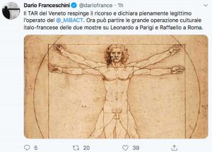 Il Tweet di Dario Franceschini sul trasferimento in Francia delle opere di Leonardo da Vinci