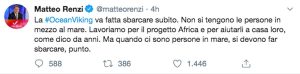 Il Tweet di Matteo Renzi sullo sbarco della Ocean viking