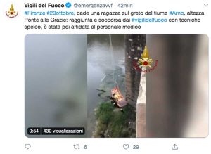 Il Tweet dei vigili del fuoco sulla ragazza caduta nell'Arno