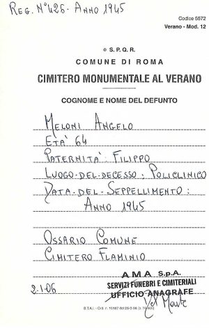 Roma - Il documento del Verano riguardante Angelo Meloni (Picino)