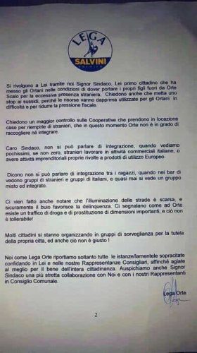Orte - La lettera della Lega contro il sindaco Giuliani