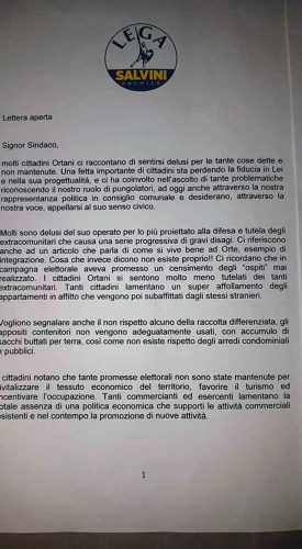 Orte - La lettera della Lega contro il sindaco Giuliani