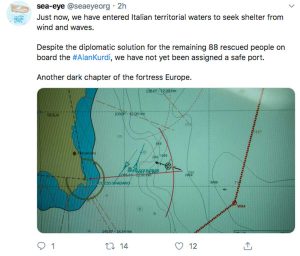 Il Tweet della Alan Kurdi sull'entrata in acque territoriali italiane
