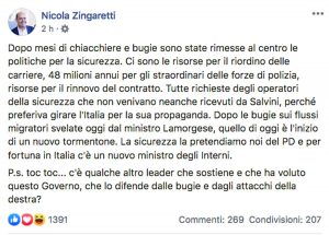 Il post di Nicola Zingaretti in difesa del ministro dell'Interno Luciana Lamorgese 