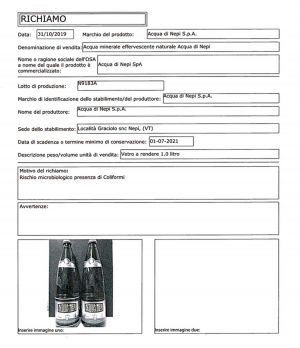 Ritirato lotto di Acqua di Nepi - L'avviso di richiamo pubblicato dal ministero