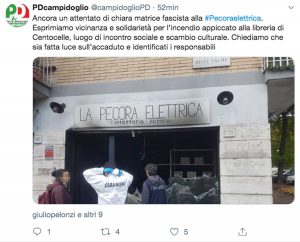 Roma - Il post di Pd campidoglio sull'incendio alla Pecora elettrica