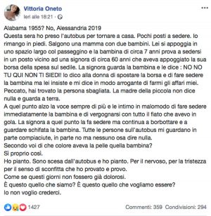 Il post di Vittoria Oneto, consigliera comunale pd di Alessandria, che racconta l'episodio di razzismo
