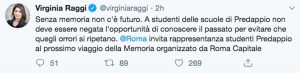 Il Tweet di Virginia Raggi che invita gli studenti di Predappio a partecipare al viaggio della Memoria con i ragazzi di Roma