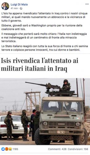 Il post di Luigi Di Maio sull'attentato in Iraq che ha colpito i militari italiani