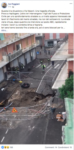Napoli - Il post di Ivo Poggiani che documenta la voragine in via Masoni