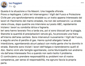 Napoli - Il post di Ivo Poggiani che documenta la voragine in via Masoni