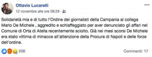 Il post di Ottavio Lucarelli sull'agguato al giornalista Mario De Michele 