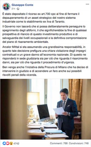 Il post su Facebook di Giuseppe Conte che parla del ricorso dei commissari contro ArcelorMittal