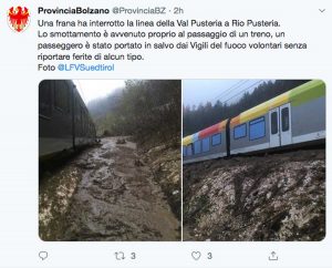 Il Tweet della provincia di Bolzano sulla frana in Alto Adige