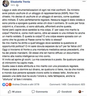 Il post di Elisabetta Trenta in merito all'alloggio assegnatole quando era ministro della difesa