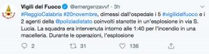 Reggio Calabria - Il Tweet dei vigili del fuoco sull'esplosione  in un negozio