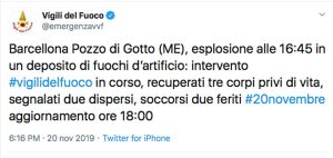 Barcellona Pozzo di Gotto - Il Tweet dei vigili del fuoco sull'esplosione in un deposito di fuochi d'artificio