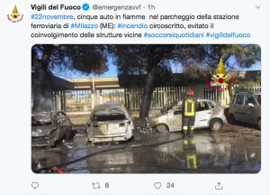 Milazzo - Il Tweet dei vigili del fuoco che documenta l'incendio alla stazione