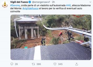 Il Tweet dei vigili del fuoco sul crollo del viadotto sulla Torino-Savona