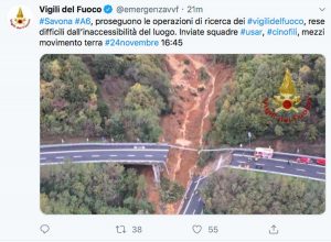 Il Tweet dei vigili del fuoco sul crollo del viadotto sulla Torino-Savona