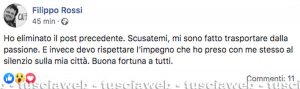 Filippo Rossi dopo aver eliminato il post su Facebook